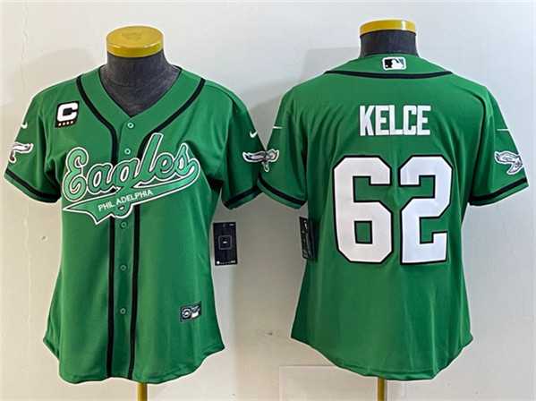 Womens Philadelphia Eagles #62 Jason Kelce Green With 4-Star C Patch Cool Base Stitched Baseball Jersey(Run Small)->women nfl jersey->Women Jersey